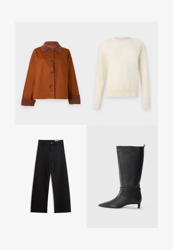 Brązowa kurtka z kołnierzem z materiału typu sztruks, pięć guzików z przodu, kieszeń na piersi i kontrastujące brązowe mankiety. Wykonana z wytrzymałego materiału.; Jasnokremowy sweter z długim rękawem, okrągłym dekoltem i ściągaczem u dołu. Wykonany z miękkiego materiału, charakteryzującego się gładką fakturą.; Czarne dżinsowe spodnie o szerokich nogawkach i wysokim stanie, z przednimi i tylnymi kieszeniami, przeszyciami oraz zapięciem na guziki. Gładka struktura.; Czarne skórzane kozaki do kolan z ostro zakończonym noskiem, ozdobione okrągłym paskiem wokół kostki oraz niskim, zwężanym obcasem. Gładka tekstura.