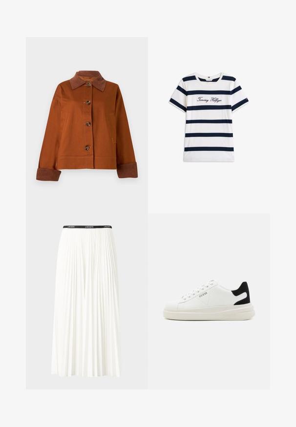 Brązowa kurtka z kołnierzem z materiału typu sztruks, pięć guzików z przodu, kieszeń na piersi i kontrastujące brązowe mankiety. Wykonana z wytrzymałego materiału.; Bawełniana koszulka z poziomymi granatowymi paskami na białym tle. "Tommy Hilfiger" wyszyte kursywą na klatce piersiowej. Okrągły dekolt.; Plisowana biała spódnica z czarnym elastycznym pasem z logo "LACOSTE". Średniej długości, o miękkiej teksturze.; Białe skórzane sneakersy z grubą białą podeszwą, czarnym zamszowym akcentem na pięcie oraz wytłoczonym logotypem z boku. Projekt z sznurówkami i sześcioma dziurkami.