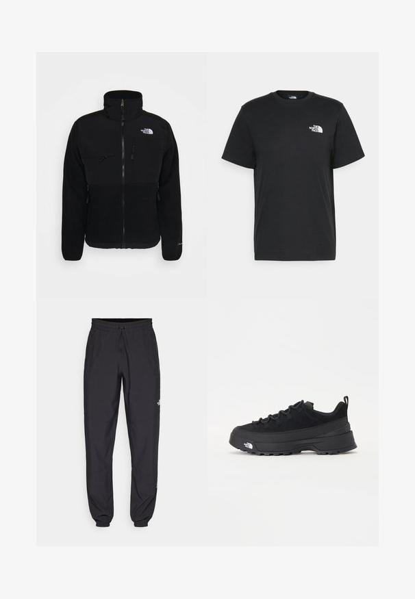 Juodas pūkinis džemperis su aukštu kaklu, priekiniais užtrauktukais, dviem krūtinės kišenėmis ir logotipu dešinėje peties pusėje, pasižymintis lygiu paviršiumi.; Juoda medvilninė marškinė su trumpomis rankovėmis, apvaliu iškirpimu ir maža balta logo kairėje krūtinės pusėje. Paprastas dizainas, lygi tekstūra ir laisvas pritaikymas.; Juodos sportinės kelnės, pagamintos iš lengvos medžiagos, su raišteliu liemens srityje, šoniniais kišenėmis ir siaurėjantys apykaklės prie kulkšnies.; Juodas lauko sportinis batelis su zomšiniu viršumi, tekstūruota guma padais ir tvirtas raištelių sistema. Yra sustiprinta kulno dalis ir prekės ženklo logotipas šone.