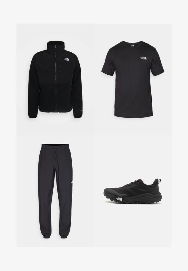 Črna flis jakna z visokim ovratnikom, sprednjim zadrgo, dvema žepoma na prsih in logotipom na desnem rami, ki ima gladko teksturo.; Črna kratko sleeved majica iz bombaža, s krožnim izrezom in majhnim belim logotipom na zgornjem levem delu prsnega koša.; Črne atletske hlače iz lahkega materiala, ki imajo elastični pas z vezalko, stranske žepe in zožene manšete na gležnjih.; Črne tekaške čevlje za trail s teksturirano zgornjega dela, gumijastim podplatom in ojačanim zaključkom prstov. Vključuje oblazinjen ovratnik in zanko za enostavno obuvanje.
