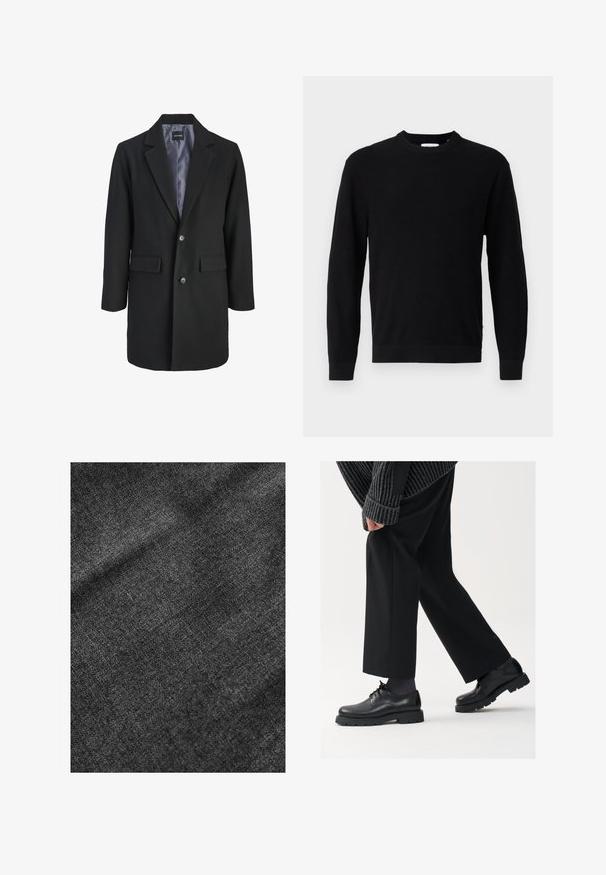 Čierny kabát z vlnenej zmesi s klopovým golierom, jednoprsťový gombíkový uzáver, dve predné vrecká a saténová podšívka.; Čierny pletený sveter s okrúhlym výstrihom, dlhými rukávmi a rebrovanou textúrou. Má rovný lem a minimalistický dizajn.; Textúrovaná čierna tkanina s jemným, mierne lesklým povrchom, ktorá vykazuje jemný vzor tkania a hladký splývavý vzhľad.; Čierne kožené topánky s okrúhlou špičkou, viazaním a hrubou, štruktúrovanou podrážkou. Nosené s upravenými čiernymi nohavicami a rebrovaným sveterom.