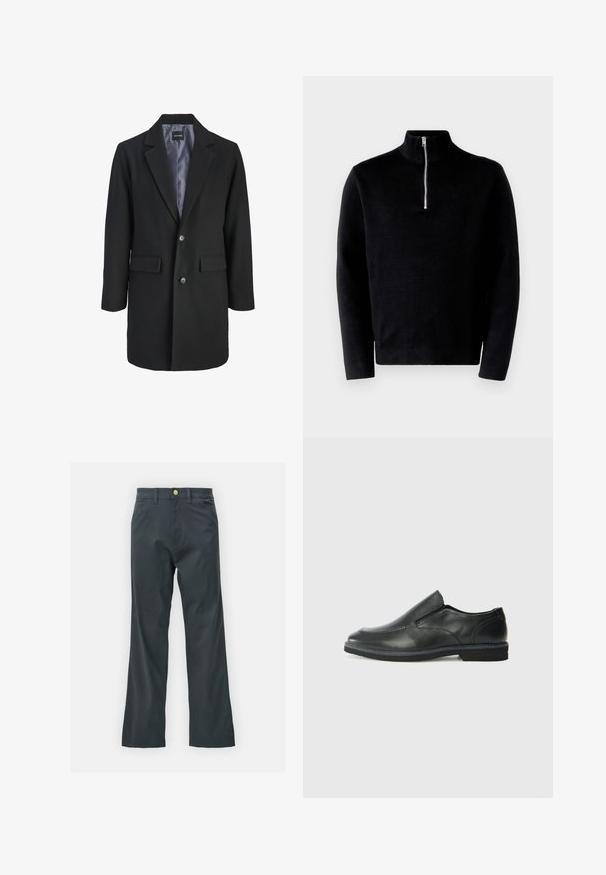 Sort uldblandet frakke med skåret krave, enkeltknap-lukning, to forlommer og satinforing.; Sort pullover sweater med høj krave og halv lynlås. Lavet af ribbet stof, den har lange ærmer og en glat tekstur.; Sorte bukser med lige ben, lavet af en bomuldsblandingsstof. Har en metalknaplukning og sidelommer. Ingen synlige mønstre.; Sorte læder slip-on sko med en glat overdel, syede detaljer, rund tå og en lav gummihæl. Sålen har minimal profil.