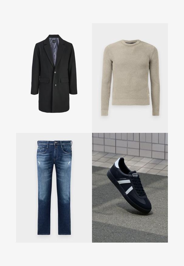 Sort uldblandet frakke med skåret krave, enkeltknap-lukning, to forlommer og satinforing.; Beige strikket sweater med lange ærmer, ribbet manchet og kant, rund hals, struktureret mønster, lavet af blødt materiale.; Blå denim jeans med regular fit, med en blegnet vask, let slid, fem lommer og kontrastsyninger. Knaplukning i taljen.; Sort lædersneaker med hvide striber, tekstureret gummisål og snørrebånd foran. Har et brandet mærke på tungen.