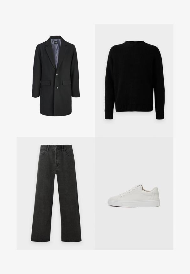 Cappotto in misto lana nero con colletto a crestina, chiusura a bottoni monopetto, due tasche frontali e foderato in satin.; Maglione nero a maglia con una texture a coste, scollatura rotonda e maniche lunghe. Design semplice; nessun motivo o accento aggiuntivo.; Jeans in denim neri a vita alta con gamba dritta, chiusura frontale con bottone e zip, e design a cinque tasche su sfondo bianco.; Sneakers bianchi in pelle, modello low-top, con punta rotonda, suola piatta in gomma bianca e dettagli di cucitura minimalista. Lacci fissati attraverso sei occhielli.