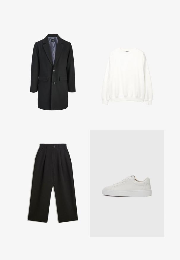 Sort uldblandet frakke med skåret krave, enkeltknap-lukning, to forlommer og satinforing.; Hvid sweatshirt, rund hals, lange ærmer, afslappet pasform. Blødt stof med ribbede mansjetter og kant. Minimalistisk design, ingen synlige logoer eller mønstre.; Sorte bukser med en afslappet pasform, der har plisseringer foran, sidelommer og knaplukning. Fremstillet af tekstureret stof.; Hvide læder sneakers med lav skæft, rund tå, flad hvid gummisål og minimalistisk sømdetalje. Snørebånd sikret gennem seks snørrehuller.