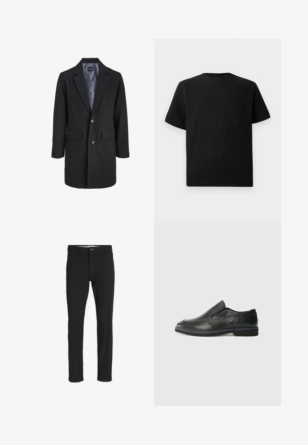 Must mustrikombinatsiooniga must mantel, millel on nurgeline krae, ühe nööbiga kinni tõmbamine, kaks eesmist taskut ja satiinvooder.; Must have lühikeste varrukatega must T-särk, mis on valmistatud tekstuursetest materjalidest, ümmarguse kaelusega ja lõdva lõikega. Lihtne, ilma mustrite või aktsentideta.; Mustast puuvillasegustest pükstest õhukese lõikega, milles on nööbikinnitus, taskud ja keeratud sääred, et saavutada lõdva lõppviimistluse.; Must musta laia suuga king, millel on sile ülemine osa, õmmeldud detailid, ümmargune nina ja madal kummist konts. Tallal on minimaalne mustr.