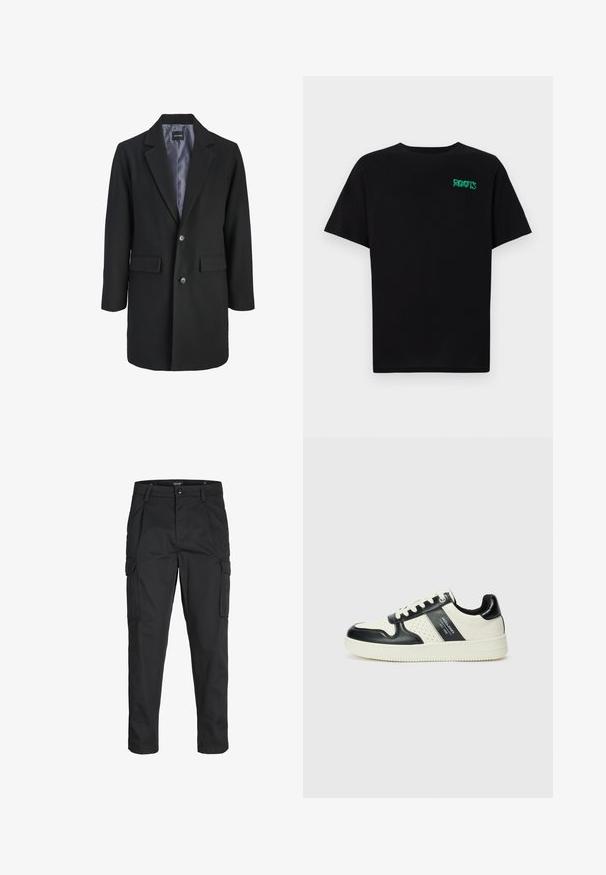 Črn plašč iz volnene mešanice z izrezanim ovratnikom, enorednim gumbom, dvema sprednjima žepoma in satensko podlogo.; Črna majica iz bombaža z kratkimi rokavi. Na sprednji strani ima zeleno logotip "ROOTS", okroglo ovratnico in standardno prileganje.; Črne cargo hlače iz trdnega blaga, ki imajo več žepov, gumbasto zapiranje in ozek kroj z zožanimi nogami.; Usnjeni športni čevlji z črno in krem barvno shemo, ki vključujejo perforirane dodatke, podložen ovratnik in strukturirano podplat.