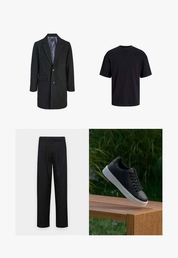 Svart ullblanding frakk med notched krage, enkelkneppet knappelukking, to frontlommer og satengfôr.; Svart bomull t-skjorte med rund hals, korte ermer og en avslappet passform. Glatt tekstur uten synlige mønstre eller detaljer.; Sorte bukser laget av glatt stoff, med rette ben, to frontfoldninger og standard liv med beltehemper.; Sorte skinnesneakers med en glatt tekstur, hvit gummisåle og seks hull for lisser, vises på en treoverflate.