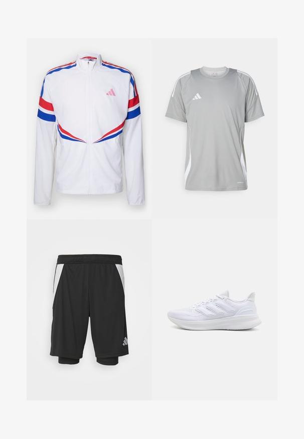 Biała kurtka na zamek z czerwonymi i niebieskimi paskami na ramionach i bokach. Posiada różowe logo na klatce piersiowej oraz teksturowany materiał.; Jasnoszara koszulka sportowa z krótkim rękawem, z białymi akcentami i logo Adidas na lewej piersi. Wykonana z oddychającego materiału.; Czarne spodenki sportowe z lekkiego materiału, białe boki, elastyczny pasek w talii i odblaskowy detal logo w lewym dolnym rogu.; Białe buty sportowe z teksturowaną siateczką na cholewce, wspierającą wyściółką i trzema paskami po boku.