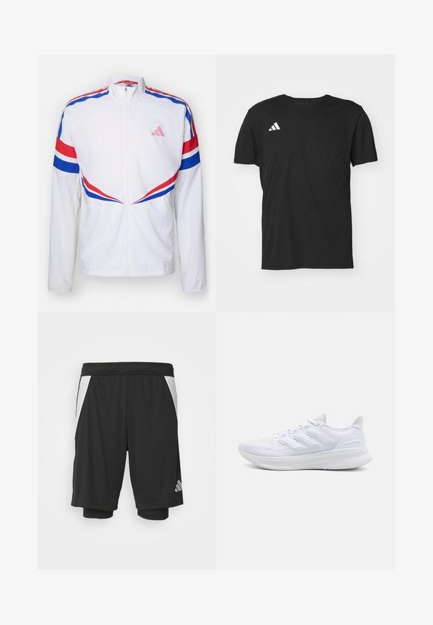 Veste blanche à fermeture éclair avec des rayures rouges et bleues sur les épaules et sur les côtés. Présente un logo rose sur la poitrine et un tissu texturé.; T-shirt de sport noir en tissu léger, avec des manches courtes et un col rond. Logo Adidas blanc sur le haut à gauche.; Shorts de sport noirs en tissu léger, avec des panneaux latéraux blancs, une taille élastique et un logo réfléchissant en bas à gauche.; Chaussures de sport blanches avec un dessus en mesh texturé, une semelle rembourrée et un design à trois bandes sur le côté.
