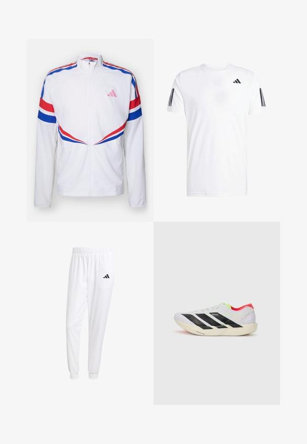 Hvid zip-up jakke med røde og blå striber over skuldrene og på siderne. Har et pink logo på brystet og tekstureret stof.; Hvid t-shirt lavet af stof, der har korte ærmer, rund hals og tre sorte diagonale striber på hver ærme. Diskret logo på brystet.; Hvide sportsbukser lavet af glat stof, med elastisk talje og tætsiddende manchetter, og med et sort logo på baglommen.; Hvid løbesko med sorte striber, neon grønne detaljer og en rød hæl. Har et let design og en struktureret sål for bedre greb.