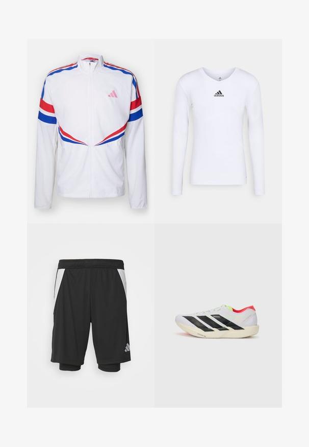 Giacca bianca con zip e strisce rosse e blu sulle spalle e sui lati. Presenta un logo rosa sul petto e un tessuto testurizzato.; Maglietta atletica bianca a maniche lunghe realizzata in materiale morbido con logo Adidas nero sul petto; design a V e forma aderente.; Shorts sportivi neri in un tessuto leggero, con pannelli laterali bianchi, vita elastica e un dettaglio riflettente del logo in basso a sinistra.; Scarpa da corsa bianca con strisce nere, dettagli in verde neon e tallone rosso. Presenta un design leggero e una suola testurizzata per aderenza.