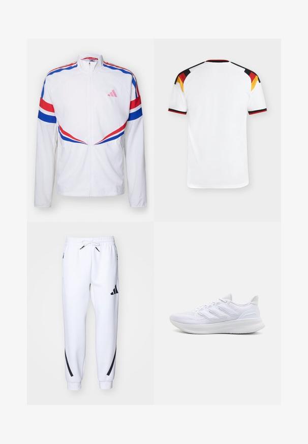 Weißer Zip-Jacket mit roten und blauen Streifen über den Schultern und an den Seiten. Verfügt über ein pinkes Logo auf der Brust und strukturierten Stoff.; Weißes Sporttrikot mit kurzen Ärmeln, mit schwarzen, roten und gelben Akzenten auf den Schultern. Gerippter Ausschnitt, leichter Stoff.; Weiße sportliche Jogginghosen mit schwarzen Akzenten, aus weichem Stoff, mit elastischem Bund, Kordelzugverschluss und Seitentaschen.; Weiße Sportschuhe mit einem strukturierten Mesh-Obermaterial, einer stützenden gepolsterten Sohle und einem drei Streifen-Design an der Seite.