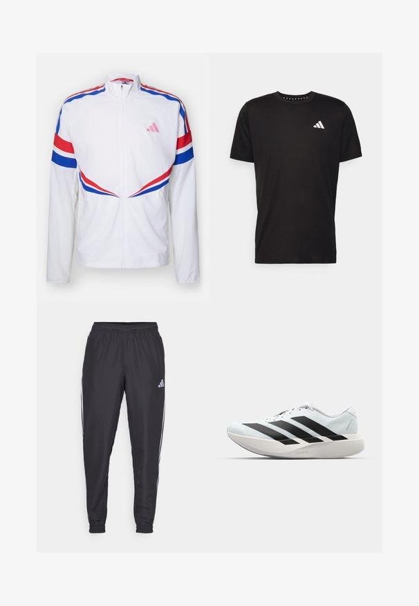 Bílá bunda na zip se červenými a modrými pruhy přes ramena a po stranách. Na hrudi má růžové logo a texturovanou látku.; Černé bavlněné tričko s krátkým rukávem, kulatým výstřihem a bílým logem na levé hrudi. Hladká textura a jednoduchý design.; Černé sportovní kalhoty s elastickým pasem, se zlomenými bílými pruhy po stranách a malým logem na bocích. Hladká textura.; Lehké běžecké boty v světle modré barvě s černými pruhy. Mají hladký svršek, kulatou špičku a silnou bílou mezipodešev označenou "LIGHTSTRIKE PRO."