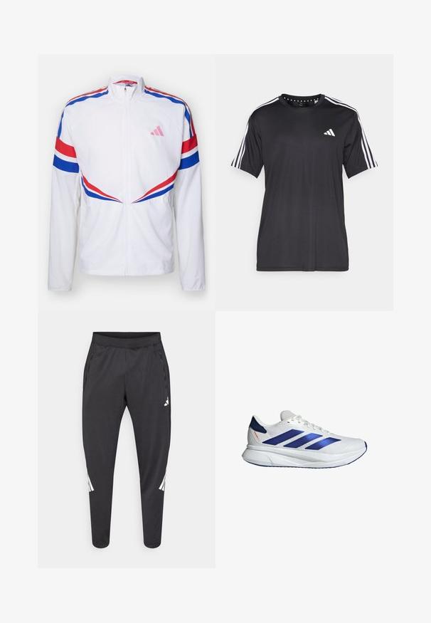 Hvid zip-up jakke med røde og blå striber over skuldrene og på siderne. Har et pink logo på brystet og tekstureret stof.; Sort kortærmet t-shirt med hvidt tre-stribedesign på skuldrene og logo på brystet. Lavet af åndbart stof med en glat tekstur.; Sorte atletikbukser med smalle ben, elastisk taljebånd, sidelommer og hvide logoer samt stribedetaljer. Fremstillet af et glat, let materiale.; Hvide atletiske sko med blå accenter, mesh-overdel, tre blå striber, rund tå, letvægts sål og tekstureret overflade for greb.