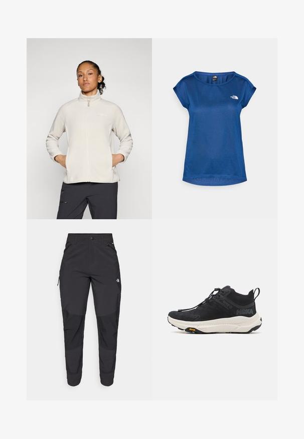 Casaco de polar bege claro com colarinho alto, fecho total e bolsos laterais. Textura suave e design simples com logotipo no peito.; The North Face TANKEN TANK  - T-shirt desportiva - estate blue/light heather; Calças pretas para exterior feitas de um tecido resistente. Apresentam bolsos com fecho, painéis de joelhos reforçados e um design de corte reto para maior mobilidade.; Tênis esportivos pretos com parte superior texturizada, entressola branca e sola Vibram. Apresenta um sistema de amarração e uma alça na parte de trás.