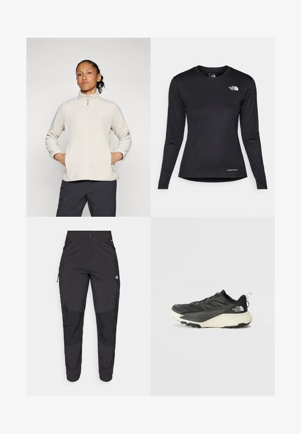 Világos bézs színű bolyhos kabát magas gallérral, teljes cipzárral és oldalsó zsebekkel. Sima textúra és egyszerű dizájn, a mellkasán logóval.; The North Face SHADOW LONG SLEEVE - Hosszú ujjú felső - black; Fekete kültéri nadrág tartós anyagból. Cipzáros zsebekkel, megerősített térdpanellel és egyenes szabással a mozgékonyságért.; Fekete sportcipő, texturált felsőrésszel, szürke kiegészítőkkel és fehér középtalppal. Húzófüllel és kiemelkedő márkalandírral a sarkán.