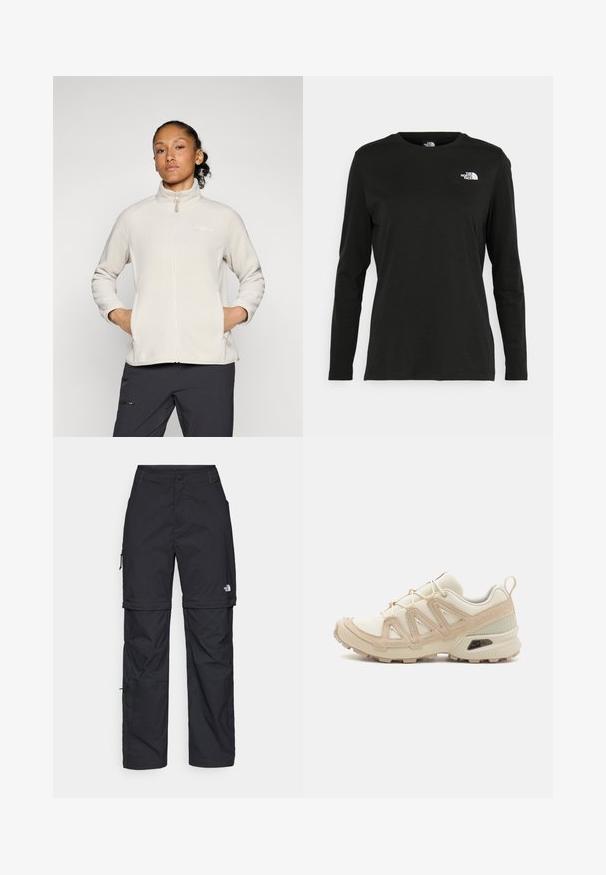 Jasno beżowa polarowa kurtka z wysokim kołnierzem, pełnym zamkiem błyskawicznym i bocznymi kieszeniami. Gładka faktura i prosty design z logo na klatce piersiowej.; Czarna koszulka z długim rękawem z bawełny z okrągłym dekoltem. Posiada niewielkie białe logo po lewej stronie na piersi. Prosty design i fason.; Czarne nylonowe spodnie cargo z odpinanymi nogawkami, regulowanymi mankietami, wieloma kieszeniami oraz logo na prawej nogawce. Gładka, lekka tekstura.; Beżowe i kremowe buty sportowe z teksturowanej siateczki, wspierającymi nakładkami oraz gumową podeszwą z wzorem bieżnika zapewniającym przyczepność.