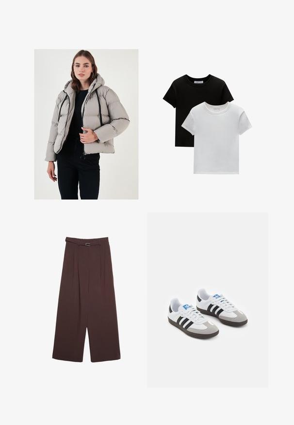 Svetlo siva puffer jakna s kapuco, zadrgo spredaj, črnimi vrvicami in kvadratnim krojem. Gladka, vzorčena tekstura.; Dve majice s okruglim izrezom, crne in bele barve, narejene iz bombaža. Imajo kratke rokave in enobarven dizajn brez vzorcev ali dodatkov.; Stradivarius WIDE-LEG WITH BUCKLE DETAIL - Hlače - dark brown; Športni čevlji z belim usnjenim zgornjim delom, sivim semišem na prstih in tremi črnimi črtami. Imajo modro logo na jeziku in teksturiran gumijast podplat.