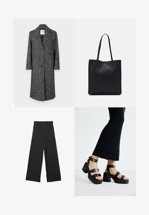 Abercrombie & Fitch TAILORED COAT - Klassischer Mantel - light grey; Einfaches schwarzes T-Shirt aus Baumwolle mit kurzen Ärmeln und Rundhalsausschnitt, auf einem weißen Hintergrund dargestellt.; Schwarze weit geschnittene Hosen mit einem hohen elastischen Bund, weichem Stoff und lockerer Passform, geeignet für legere Anlässe oder entspannte Umgebungen.; Schwarze Plattform-Sandalen mit robusten, profilierten Sohlen und mehreren Riemen, ausgestattet mit metallischen Schnallen und einer glatten, lederähnlichen Textur.; Schwarze Laptoptasche aus Leder mit glatter Textur, rechteckiger Form und zwei langen Griffen. Keine sichtbaren Beschläge oder Verzierungen.