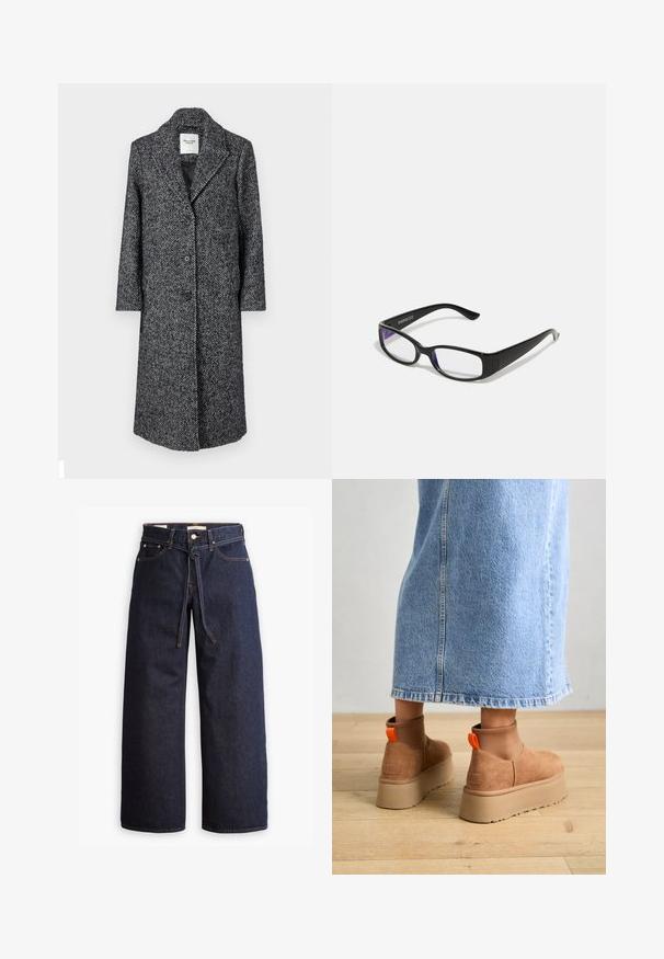 Abercrombie & Fitch TAILORED COAT - Classic coat - light grey; Black turtleneck long-sleeve top, made of ribbed fabric, features a fitted design with a high neckline and no patterns or accents.; Wide-leg dark blue denim jeans with a high waist, featuring a drawstring tie, five pockets, and contrasting stitching details.; Brown suede platform boots with elastic side panels and orange pull tabs, paired with a knee-length light denim skirt on a wooden floor.; Black rectangular glasses with clear lenses. Glossy finish, narrow arms, and purple tint visible at the edges of the lenses.