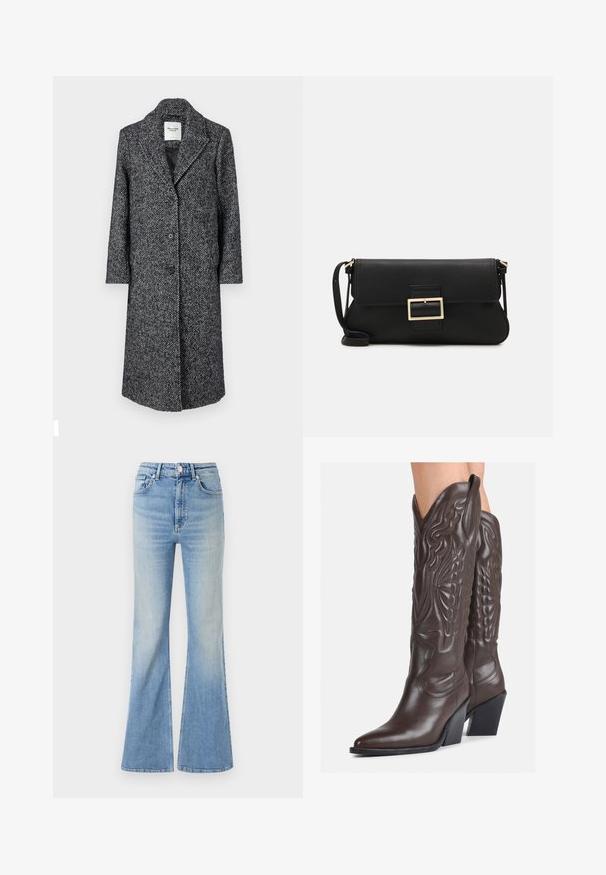 Abercrombie & Fitch TAILORED COAT - Klassischer Mantel - light grey; Weißes ärmelloses Tanktop aus geripptem Stoff, mit rundem Ausschnitt und figurbetonter Silhouette, minimalen Nähten und ohne Verzierungen.; Helle blaue Schlagjeans aus Denim mit hoher Taille, fünf Taschen und subtilem Farbverlauf bis zum Saum.; Braune Leder-Cowboy-Stiefel mit spitzem Punkt und Blockabsatz, die über detaillierte Stickereien und hervorgehobene Akzente am Schaft verfügen.; Schwarze Leder-Clutch mit Klappe und goldfarbenem Metallschnallen-Detail. Enthält einen schwarzen Riemen und ein schlankes, minimalistisches Design.