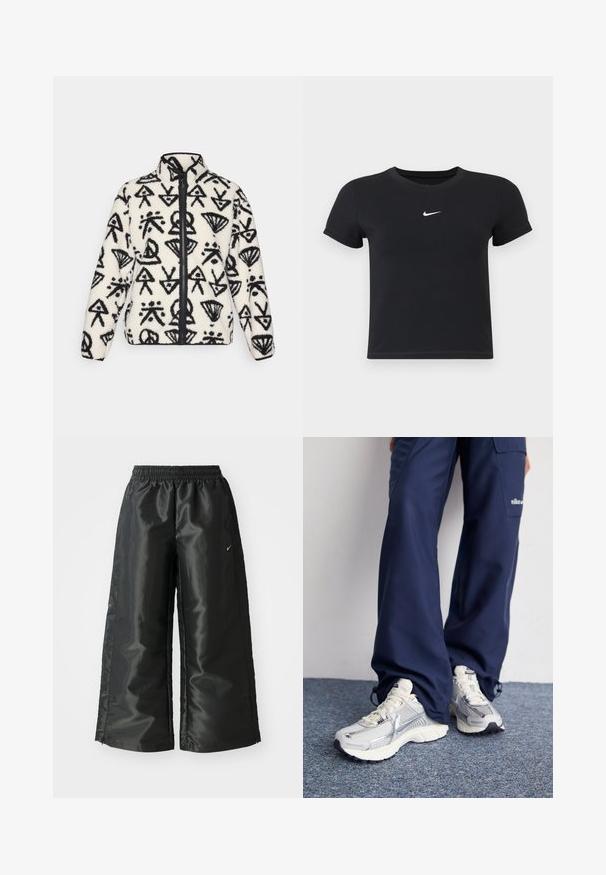 Peak Performance GRAPHIC JACKET - Jakna od flisa - offwhite; Crna majica kratkih rukava od pamuka s okruglim izrezom. Ima bijeli Nike logotip na prsima, minimalistički dizajn i oblik koji prati liniju tijela.; Crne sportske hlače od sjajnoga, glatkog materijala, s elastičnim pojasom, širokim nogavicama i malim logom na lijevoj strani.; Nike atletske tenisice sa srebrnom mrežom, bijelim naglascima i strukturiranim potplatima, u kombinaciji s širokim tamnoplavim hlačama.