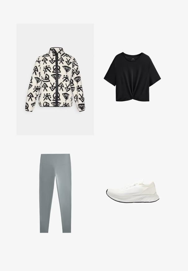 Peak Performance GRAPHIC JACKET - Fleecetakki - offwhite; Mustat lyhyt cropped t-paitapehmeästä kankaasta, jossa on pyöreä pääntie, lyhyet hihat ja solmittu yksityiskohta helmassa.; Harmaat legginsit, joissa on sileä, joustava kangas, korkea vyötärö ja napakka siluetti, suunniteltu mukavuutta ja liikkumisvapauden takaamiseksi.; Valkoinen juoksukenkä, jossa on verkkopäällinen, kevyt muotoilu, sileä pyöreä pohja ja musta kumipohja. Sisältää litteät nauhat ja minimaaliset korostukset.