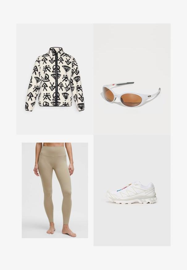 Peak Performance GRAPHIC mleczny; Biały bezrękawnik crop top wykonany z gładkiego, elastycznego materiału. Posiada okrągły dekolt i subtelne detale przeszycia wzdłuż krawędzi.; Beżowe leginsy w wysokim stanem, wykonane z elastycznego materiału, o gładkiej teksturze i bez widocznych wzorów czy elementów metalowych.; Białe buty sportowe z teksturowaną siateczką, odblaskowymi akcentami i wyprofilowaną podeszwą. Zauważalne logo marki z boku.; Białe okulary przeciwsłoneczne z brązowymi soczewkami, owalny kształt, wykonane z gładkiego plastiku, z szarymi akcentami na zausznikach i logo na oprawce.