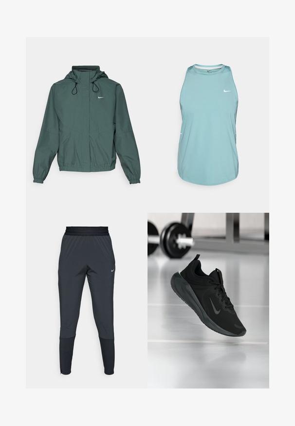 Nike Performance STORM-FIT SWIFT - Striukė bėgimui - vintage green/black/reflective silver; Šviesiai mėlynas be rankovių sportinis marškinėlis, pagamintas iš lygios sintetinio audinio. Yra apvalus iškilęs kaklas ir mažas baltas logotipas priekyje.; Nike sportiniai džinsai tamsiai pilkos spalvos, su siaurėjančio kirpimo dizainu, elastinga juosmens juosta ir akcentu detalėmis prie rankovių.; Juodas sportinis sportbačiai su Nike logotipu, pavaizduoti ore virš sporto salės grindų, fone išblurinta hantelių laikiklis.