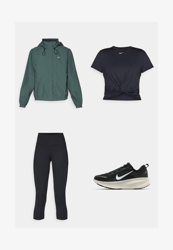 Nike Performance STORM-FIT SWIFT - Běžecká bunda - vintage green/black/reflective silver; Černé sportovní tričko vyrobené z hladkého materiálu, s uzlovým designem vpředu a malým bílým logem Nike na hrudi.; Černé zkrácené legíny vyrobené z pružné látky, s vysokým pasem a hladkou texturou, bez viditelných vzorů nebo kovových prvků.; Černá běžecká obuv Nike s prodyšným síťovaným svrškem, bílým logem swoosh, texturovanými detaily a krémovou mezipodešví ZoomX.