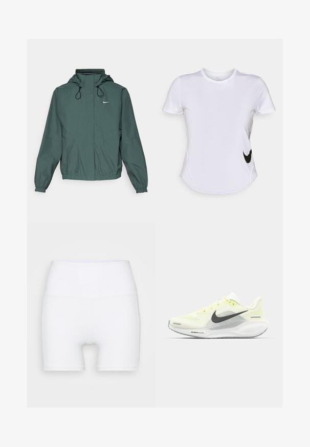 Nike Performance SWIFT - Veste coupe-vent - vintage green/black/reflective silver; T-shirt de sport blanc à manches courtes en tissu lisse, avec un logo Nike noir sur le côté gauche et un ourlet courbé en bas.; Shorts blancs taille haute en tissu extensible. Fabriqués avec une texture lisse et un design ajusté, sans motifs ni accessoires supplémentaires.; Baskets de course Nike avec une tige en mesh jaune clair et blanche, des accents gris et une semelle en caoutchouc flexible. Présentent un système de laçage.
