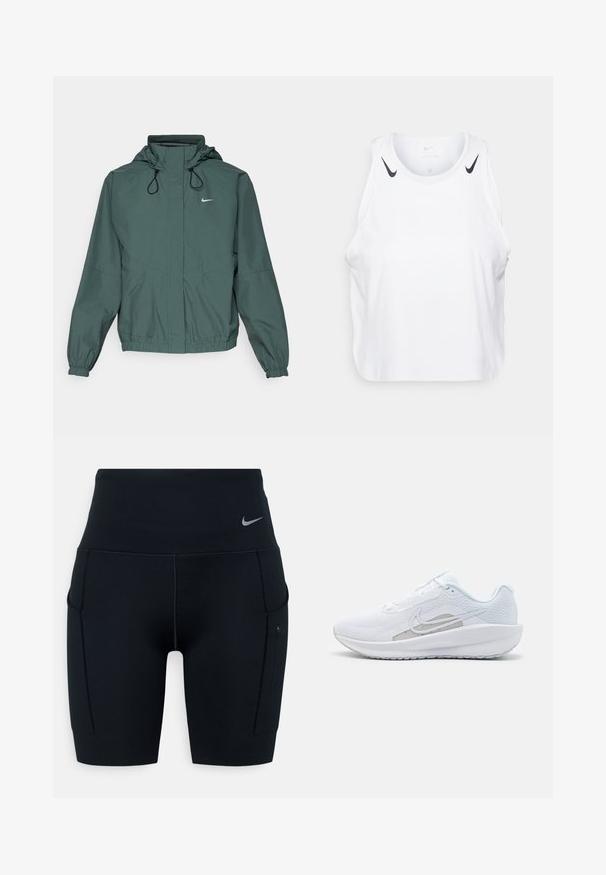 Nike Performance STORM-FIT SWIFT - Laufjacke - vintage green/black/reflective silver; Weißes ärmelloses Tanktop aus leichtem Stoff, mit schwarzen Nike-Logo-Akzenten an den Schultern, rundem Ausschnitt und lässigem Schnitt.; Schwarze hochtaillierte Sportshorts aus dehnbarem Material; verfügt über Seitentaschen und ein kleines Nike-Logo am Bund.; Weißer Sport Schuh mit Mesh-Obermaterial, abgerundeter Zehenpartie und strukturiertem Sohlenprofil. Mit einem silbernen Nike Swoosh und minimalistischem Design.