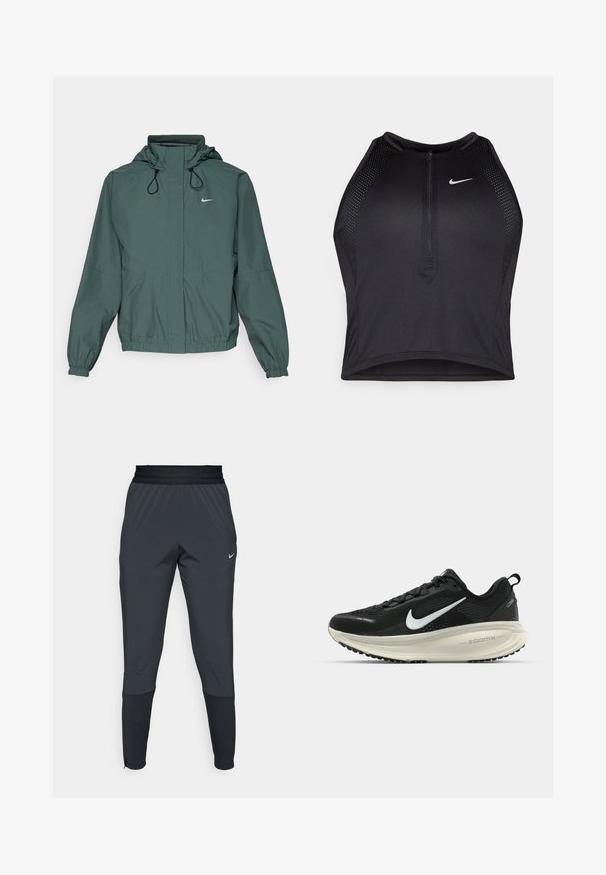 Nike Performance STORM-FIT SWIFT - Veste de running - vintage green/black/reflective silver; Crop top sportif noir avec fermeture éclair à l'avant, accents en mesh et design ajusté. Fabriqué en tissu extensible et respirant. Logo Nike à l'avant.; Pantalons de sport Nike en gris foncé, avec une coupe fuselée, une taille élastique et des détails accentués près des poignets.; Baskets de course noir Nike avec tige respirante en mesh, logo swoosh blanc, détails texturés et semelle intermédiaire ZoomX de couleur crème.