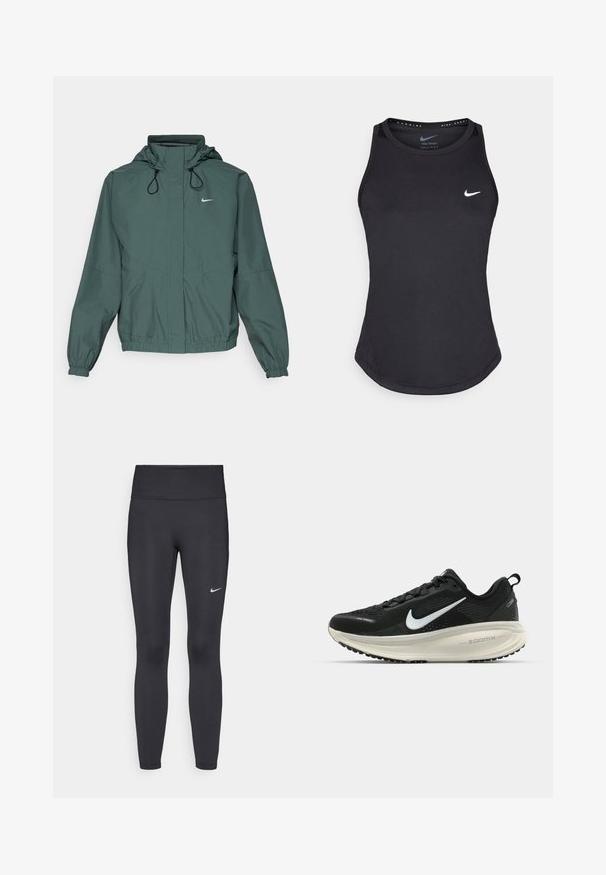 Nike Performance SWIFT - Tuulitakki - vintage green/black/reflective silver; Mustapohjainen urheilutoppi, joka on valmistettu kosteutta siirtävästä materiaalista. Siinä on pyöreä kaula-aukko, slim fit -muotoilu ja valkoinen Nike-logo rinnassa.; Mustat leggingsit joustavasta kankaasta, joissa on korkea vyötärö ja valkoinen Nike-logo vasemmassa reidessä. Sileä pinta, muotoaan myötäilevä suunnittelu.; Mustat Nike-juoksukengät, joissa on hengittävä verkko-osa, valkoinen swoosh-logo, teksturoitu yksityiskohtaus ja kermaisen värinen ZoomX-välipohja.