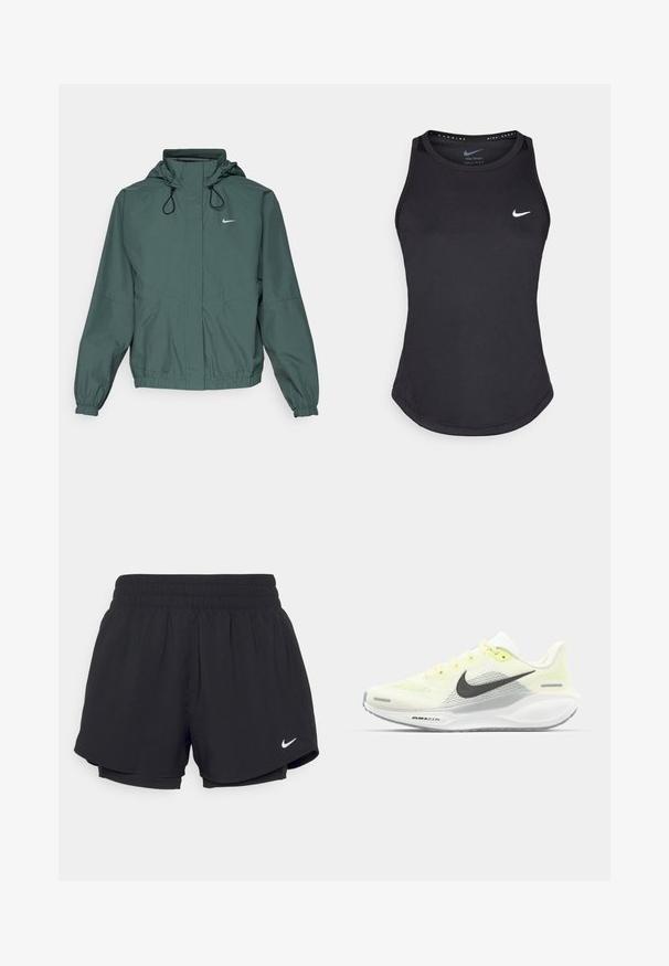 Nike Performance SWIFT - Windbreaker - vintage green/black/reflective silver; Black athletic tank top made from moisture-wicking material. Features a round neckline, slim fit, and white Nike logo on the chest.; Black athletic shorts with a gathered elastic waistband, inner lining, and white Nike logo on the lower left side. Smooth, lightweight fabric.; Nike running shoes with a light yellow and white mesh upper, grey accents, and a flexible rubber sole. Features a lace-up closure.