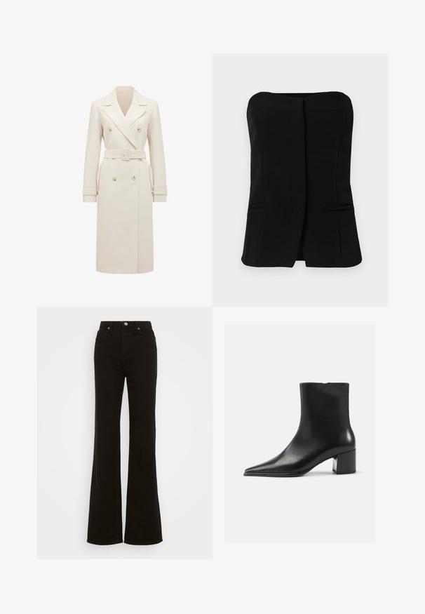 Trench coat longo duplo com lapelas largas, na cor creme, com cinto combinante, tiras nos punhos e bolsos laterais, exibido sobre um fundo branco.; Top preto, sem mangas, com um decote reto, parte frontal com abotoamento e dois bolsos laterais ocultos. Tecido suave com um design estruturado.; Calças jeans pretas de cintura alta e boca de sino, feitas de denim, com fecho de botão, bolsos laterais e uma textura suave.; Bota de tornozelo em couro preto com bico fino, textura suave e um salto médio bloco. Design minimalista, fecho com zipper na parte de trás.