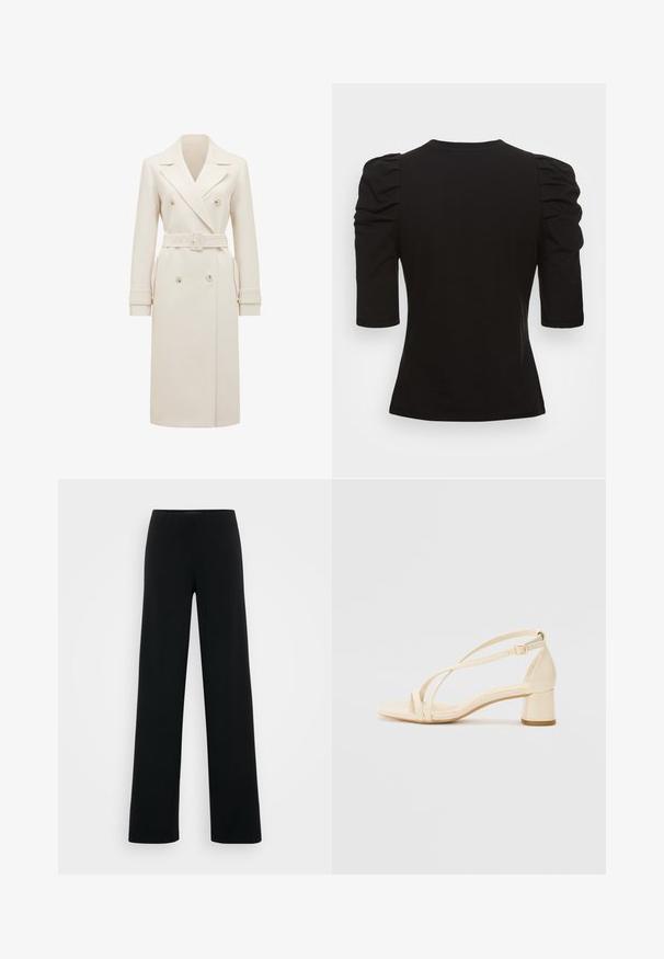 Trench coat lungo color crema, doppiopetto, con ampi rever, cintura coordinata, fasce ai polsini e tasche laterali, presentato su uno sfondo bianco.; Vero Moda Tall VMEGAMAXI - T-shirt basic - black; Vero Moda Tall VMBERLIN ZAMIRA WIDE - Pantaloni - black; Sandali con tacco beige a blocco, design con cinturini, e cinturino alla caviglia regolabile, realizzati in materiale sintetico liscio con finitura opaca.