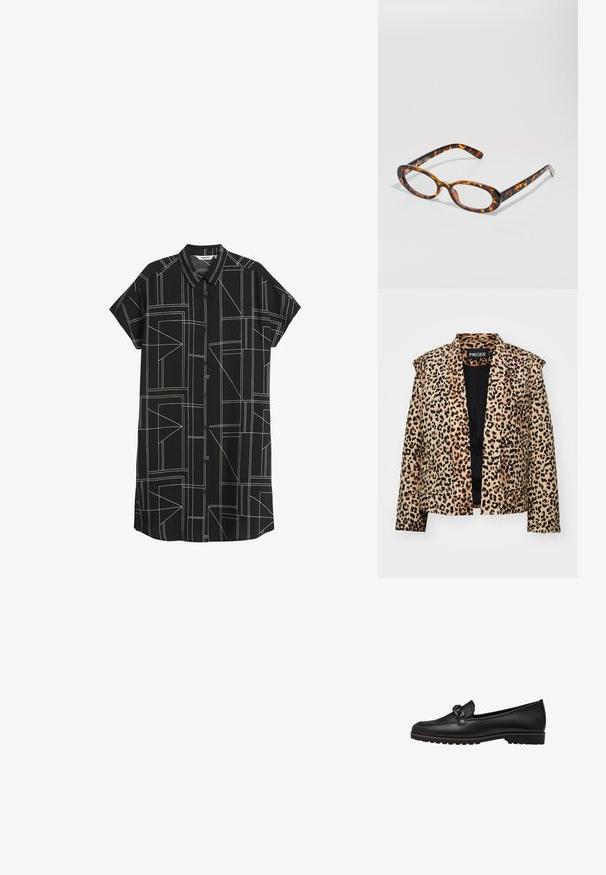 Leopardmønstret jakke med en struktureret design, lange ærmer og åben front. Har en blød tekstur og to frontlommer.; Sort kortærmet skjortekjole med knaplukning foran. Har et geometrisk mønster med hvide linjer og krave. Letvægtsstof.; Sorte læder loafers med en fletdetalje foran, flad gummisål og syede detaljer langs kanten.; Skildpaddebriller med ovale linser, der har en glat overflade, slanke stænger og subtile mønstre, der minder om tigerstriber.; Singularu DROP - Øreringe - gold-coloured
