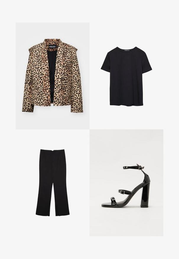 Giacca con stampa leopardata, dal design strutturato, maniche lunghe e apertura frontale. Presenta una texture morbida e due tasche frontali.; T-shirt nera in cotone a maniche corte con collo a giro, esposta su uno sfondo bianco.; Pantaloni neri a gamba dritta, con tasche frontali e spacchi laterali all'orlo. Realizzati in tessuto morbido e liscio. Adatti a diverse occasioni.; Sandali con tacco in vernice nera, con punta squadrata, cinturini alla caviglia e fibbie in argento. Presentano un tacco a blocco spesso per maggiore stabilità.