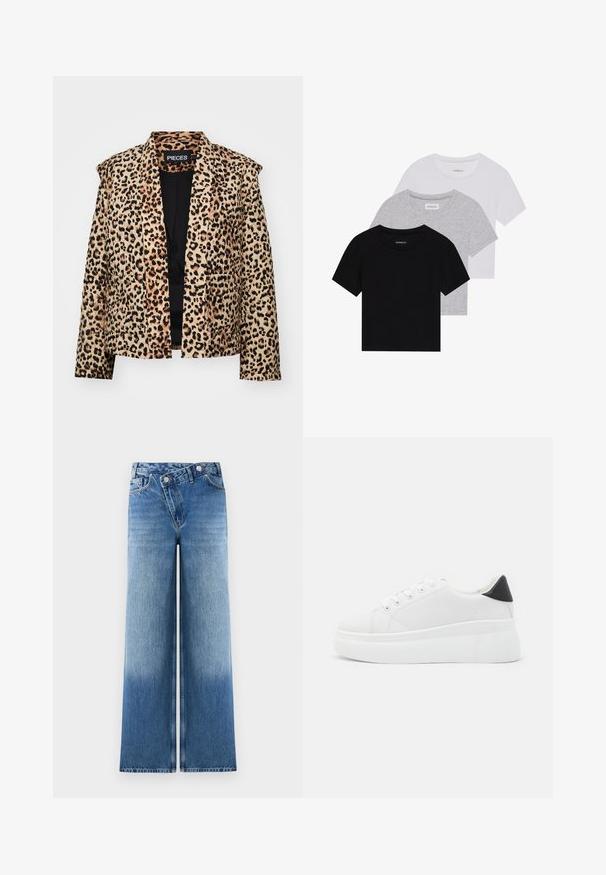 Leopardų rašto švarkas su struktūrizuotu dizainu, ilgomis rankovėmis ir atvira priekyje. Turtinga švelni tekstūra ir dvi priekinės kišenės.; Trijų trumpomis rankovėmis marškinėlių rinkinys juodos, pilkos ir baltos spalvos. Pagaminti iš medvilnės, turi apvalų iškirpimą ir paprastą, vientisos spalvos dizainą.; Šviesiai mėlynos plačios kojų džinsai su išblukusia danga, turintys klasikinį penkių kišenių dizainą ir metalinius mygtukus juosmens srityje.; Balti platforminiai sportbačiai, pagaminti iš lygios sintetinio audinio, su apvaliu pirštu, raištelių užsegimu ir tekstūruota guma padanga. Juodas kulno akcentas.