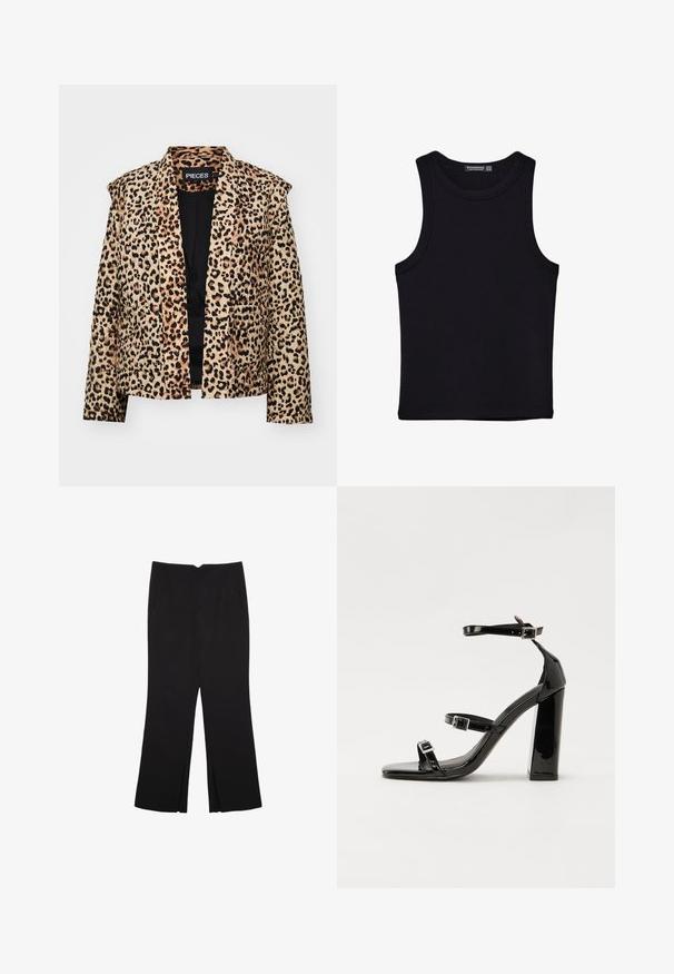 Giacca con stampa leopardata, dal design strutturato, maniche lunghe e apertura frontale. Presenta una texture morbida e due tasche frontali.; Canotta nera in cotone, caratterizzata da un colletto rotondo e ampi giromanica. Texture liscia con orli cuciti. Design classico e minimalista.; Pantaloni neri a gamba dritta, con tasche frontali e spacchi laterali all'orlo. Realizzati in tessuto morbido e liscio. Adatti a diverse occasioni.; Sandali con tacco alto in vernice nera con due cinturini con fibbia, punta quadrata e tacco spesso a blocco, caratterizzati da una texture liscia e lucida.