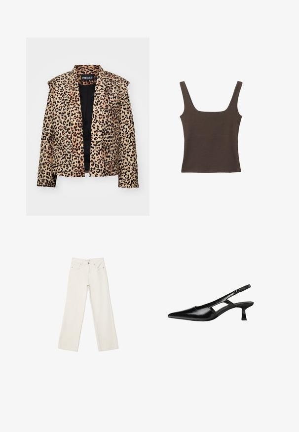 Kurtka w print panterki o sztywnym kroju, z długimi rękawami i otwartym przodem. Posiada miękką fakturę i dwie przednie kieszenie.; Brązowa bezrękawnikowa bluzka o kwadratowym dekolcie, wykonana z miękkiego, elastycznego materiału. Posiada dopasowany krój i płaskie szwy.; Białe dżinsy w szerokim kroju wykonane z denimu, z wysokim stanem, przednimi kieszeniami i zapięciem na guzik. Czysty design z minimalnymi akcentami.; Czarne lakierowane czółenka na odkrytej pięcie z wąskim noskiem, z wykrojem po bokach i małym kwadratowym obcasem. Gładka faktura z minimalnymi akcentami.