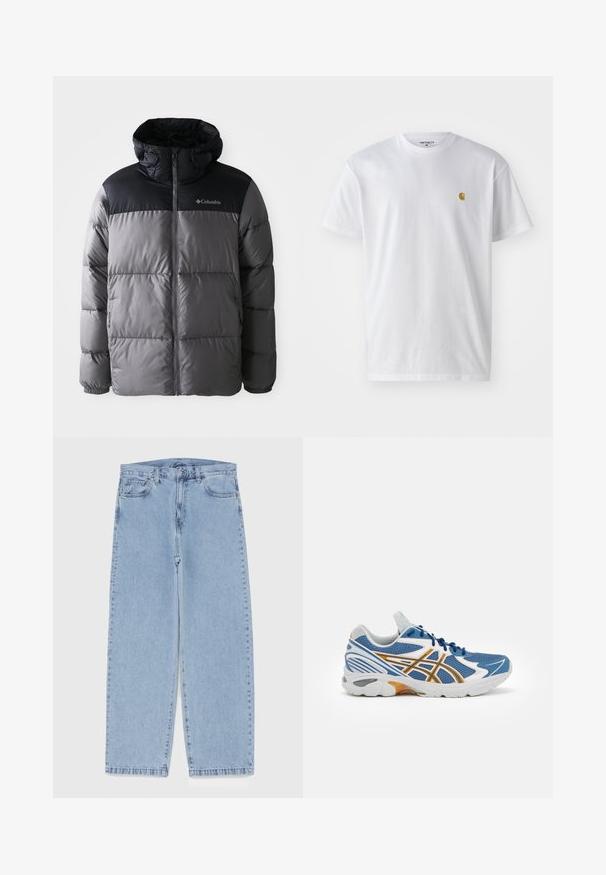 Pilota pūkų striukė pilkos ir juodos spalvos, su aukštu apykakle, siuvinėtu dizainu, su užtrauktuku priekyje, reguliuojama kapuce ir Columbia logotipu ant krūtinės.; Balta medvilnės marškinėliai su trumpomis rankovėmis, apvalia iškirpte, kuriuose kairėje krūtinės pusėje yra mažas auksinis logotipas. Minkšta tekstūra ir reguliari forma.; Šviesiai mėlyni džinsai su tiesiomis kojomis, turintys vidutinio aukščio juosmenį, penkias kišenes ir mygtuko bei užtrauktuko uždarymą.; Mėlyni sportiniai batai su tinklelio viršumi, baltais ir oranžiniais akcentais, paminkštintu vidpadžiu ir tekstūruotu guminio pado apvadu. Yra raištelių uždarymas.