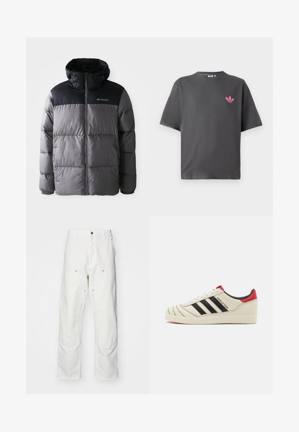 Puffer bunda v šedé a černé barvě s vysokým límcem, prošívaným designem, zipem vpředu, nastavitelnou kapucí a logem Columbia na hrudi.; Tmavě šedé tričko s krátkým rukávem a malým růžovým logem Adidas trefoil na levé hrudi, vystavené na bílém pozadí.; Bílé bavlněné cargo kalhoty s volným střihem. Vlastnosti zahrnují přední kapsy, zlaté kovové detaily a zpevněné oblasti na kolenou.; Krémové kožené tenisky s černými pruhy, červenými akcenty na patě a texturovanými detaily. Mají gumovou podrážku a šněrování.