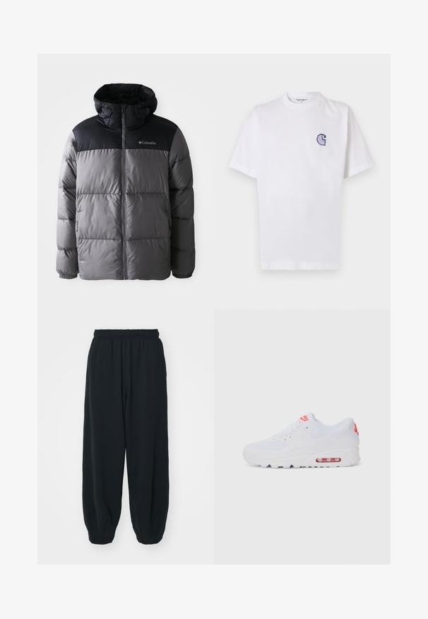 Hallhäädine hallis ja mustas värvitoonis, millel on kõrge krae, tikitud disain, lukuga esiosa, reguleeritav kapuuts ja Columbia logo rinnal.; Valge puuvillane t-särk lühikeste varrukatega, ümara kaelusega ja vasakul rinnal väike tikitud sinine "C" logo.; Mustade elastse vöökoha ja laia lõikega dressipüksid, mansetiga sääred, sile tekstuur ning ilma nähtavate mustrite või detailideta.; Valged spordijalatsid, millel on sile pealis, seotud lipsud, pehmendusega tallad ja nähtav õhükamber, mille brändimisel on punased aktsendid.