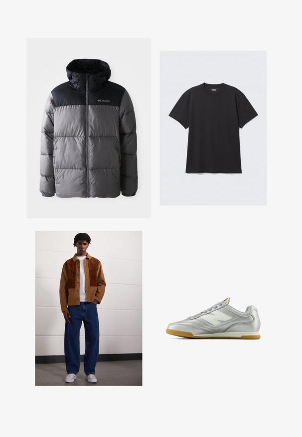 Kurtka puchowa w kolorze szarym i czarnym, z wysokim kołnierzem, pikowanym wzorem, zamkiem z przodu, regulowanym kapturem oraz logo Columbia na piersi.; Czarna koszulka z krótkim rękawem wykonana z bawełny. Posiada okrągły dekolt i luźny krój. Prosty design, bez widocznych wzorów czy akcentów.; Mężczyzna stojący w pomieszczeniu, ubrany w brązową kurtkę z sztruksu z rdzawej kolorze, białą koszulkę, luźne niebieskie dżinsy oraz białe trampki.; Srebrny but sportowy o gładkiej, błyszczącej powierzchni, z białym logo z boku, teksturowanymi szarymi sznurówkami i podeszwą z gumy.