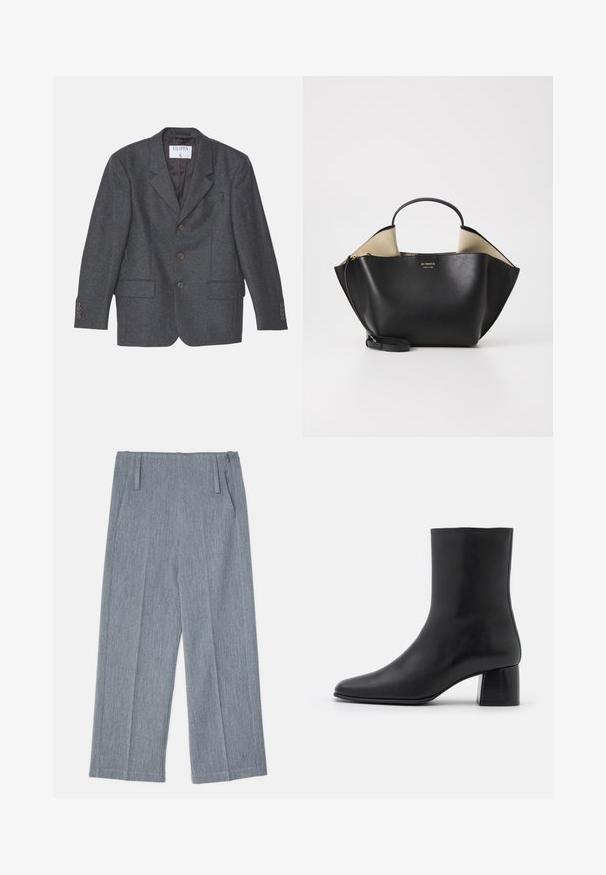 Filippa K TAILORED - Krátký kabát - anthracite; Černý dlouhý rukáv top vyrobený z měkkého materiálu, s kulatým výstřihem a volným střihem, se bočními rozparky na olemování pro snadný pohyb.; Svetle šedé, široké kalhoty vyrobené z texturované tkaniny, s dvěma předními sklady a dvěma bočními kapsami. Čistý, upravený design.; Černé kožené kotníkové boty s špičatou špičkou a robustním čtvercovým podpatek. Hladká textura s bezšvovým designem a minimalistickým prošíváním.; Ree Projects ANN TOTE MINI - Kabelka - black