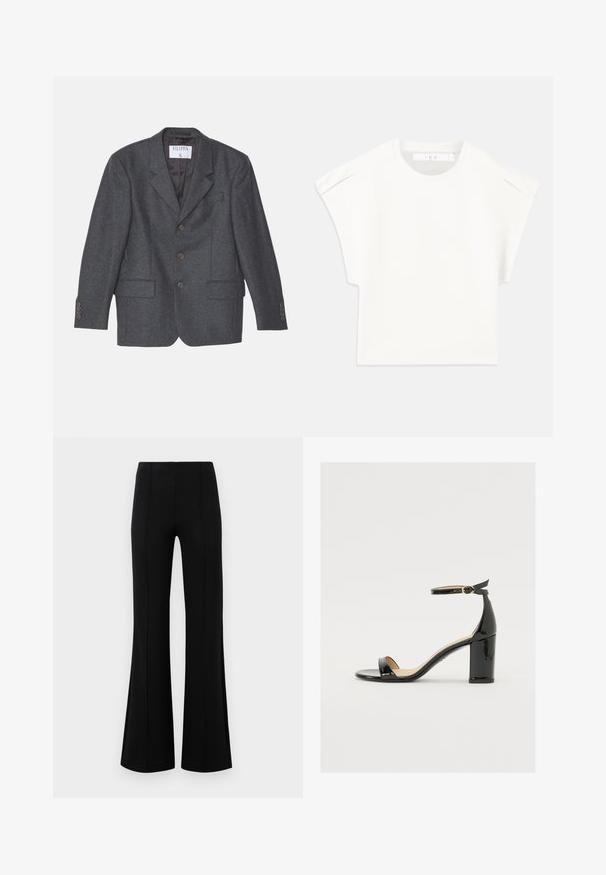 Filippa K TAILORED - Kurzmantel - anthracite; Weißes, kastig geschnittenes T-Shirt mit kurzen Ärmeln. Hergestellt aus glattem Stoff, mit Rundhalsausschnitt und dezenten Schulterakzenten. Einfaches Design.; Schwarze Schlaghose mit hoher Taille, aus dehnbarem Material. Mit vertikalen Nahtdetails auf der Vorderseite und einer glatten Textur.; Schwarze Lackleder-Sandalette mit weitem Absatz, offener Zehenpartie und Knöchelriemen mit goldener Schnalle. Glatte Textur und elegantes Design.