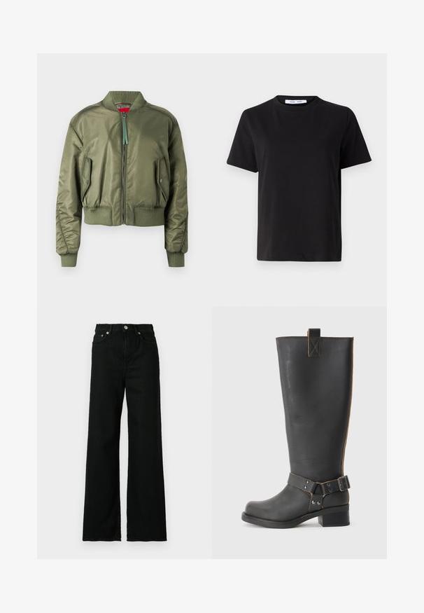 Olive green bomber jacket featuring a zip front, ribbed cuffs and hem, and angled side pockets with snap closure. Smooth, shiny texture.; Black short-sleeve t-shirt made of soft cotton, featuring a round neckline, relaxed fit, and a smooth texture. No visible patterns or graphics.; Black denim jeans with a high waist, wide-leg cut, featuring a front button and zip closure, and classic five-pocket design.; Black leather knee-high boot with a textured finish, featuring a side buckle accent and a low heel. Detailed stitching along the seams.